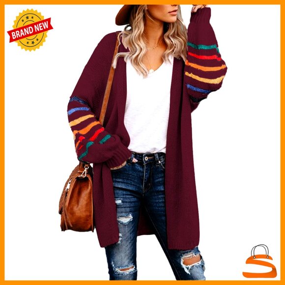 Sweaters - Long Open Front Cardigan Striped Color Block Loose Knit Sweater Outwear Coat